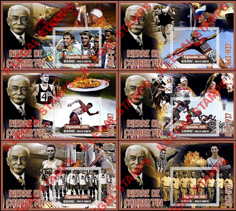 Uganda 2018 Pierre de Coubertin Illegal Stamp Souvenir Sheets of 1 Uganda 2018 Pierre de Coubertin Illegal Stamp Souvenir Sheets of 1