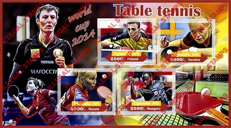 Uganda 2018 Table Tennis World Cup in 2014 Illegal Stamp Souvenir Sheet of 4 Uganda 2018 Table Tennis World Cup in 2014 Illegal Stamp Souvenir Sheet of 4