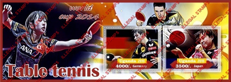 Uganda 2018 Table Tennis World Cup in 2014 Illegal Stamp Souvenir Sheet of 2 Uganda 2018 Table Tennis World Cup in 2014 Illegal Stamp Souvenir Sheet of 2