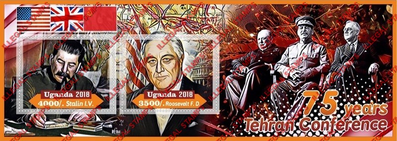 Uganda 2018 Tehran Conference Illegal Stamp Souvenir Sheet of 2 Uganda 2018 Tehran Conference Illegal Stamp Souvenir Sheet of 2