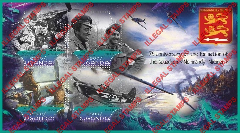 Uganda 2018 World War II Squadron Normandy-Niemen Illegal Stamp Souvenir Sheet of 4 Uganda 2018 World War II Squadron Normandy-Niemen Illegal Stamp Souvenir Sheet of 4