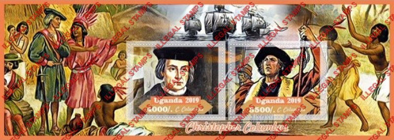 Uganda 2019 Christopher Columbus Illegal Stamp Souvenir Sheet of 2 Uganda 2019 Christopher Columbus Illegal Stamp Souvenir Sheet of 2