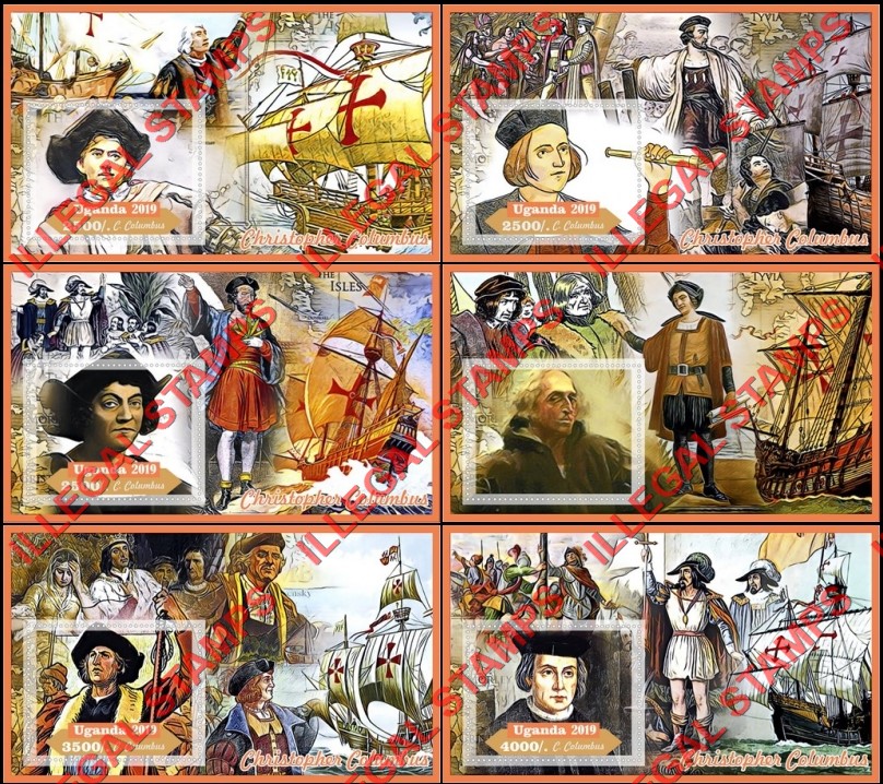Uganda 2019 Christopher Columbus Illegal Stamp Souvenir Sheets of 1 Uganda 2019 Christopher Columbus Illegal Stamp Souvenir Sheets of 1
