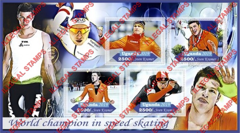 Uganda 2019 World Champion Speed Skater Sven Kramer Illegal Stamp Souvenir Sheet of 4 Uganda 2019 World Champion Speed Skater Sven Kramer Illegal Stamp Souvenir Sheet of 4
