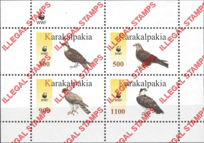 KARAKALPAKIA 1996 Birds of Prey and WWF Logo Counterfeit Illegal Stamp Souvenir Sheet of 4 KARAKALPAKIA 1996 Birds of Prey and WWF Logo Counterfeit Illegal Stamp Souvenir Sheet of 4