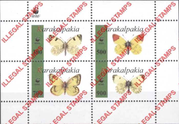 KARAKALPAKIA 1996 Butterflies and WWF Logo Counterfeit Illegal Stamp Souvenir Sheet of 4 KARAKALPAKIA 1996 Butterflies and WWF Logo Counterfeit Illegal Stamp Souvenir Sheet of 4