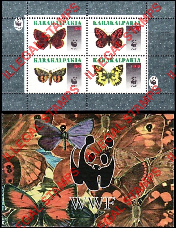 KARAKALPAKIA 1996 Butterflies and WWF Logo Counterfeit Illegal Stamp Souvenir Sheet of 4 Booklet KARAKALPAKIA 1996 Butterflies and WWF Logo Counterfeit Illegal Stamp Souvenir Sheet of 4 Booklet