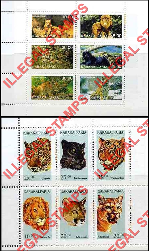 KARAKALPAKIA 1997 Big Cats Counterfeit Illegal Stamp Souvenir Sheets of 6 KARAKALPAKIA 1997 Big Cats Counterfeit Illegal Stamp Souvenir Sheets of 6