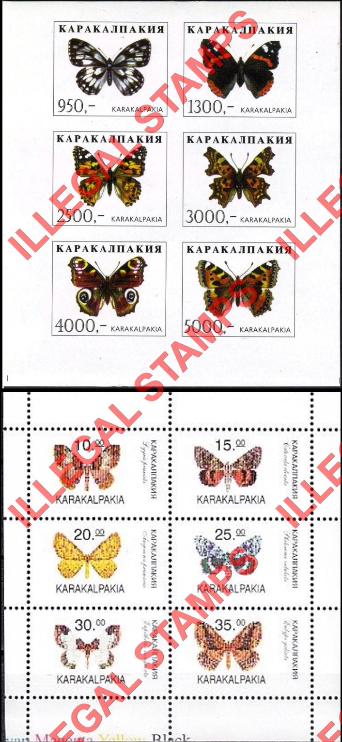KARAKALPAKIA 1997 Butterflies Counterfeit Illegal Stamp Souvenir Sheets of 6 KARAKALPAKIA 1997 Butterflies Counterfeit Illegal Stamp Souvenir Sheets of 6