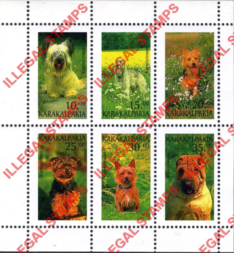KARAKALPAKIA 1997 Dogs Counterfeit Illegal Stamp Souvenir Sheet of 6 KARAKALPAKIA 1997 Dogs Counterfeit Illegal Stamp Souvenir Sheet of 6