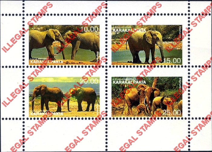 KARAKALPAKIA 1997 Elephants Counterfeit Illegal Stamp Souvenir Sheet of 4 KARAKALPAKIA 1997 Elephants Counterfeit Illegal Stamp Souvenir Sheet of 4