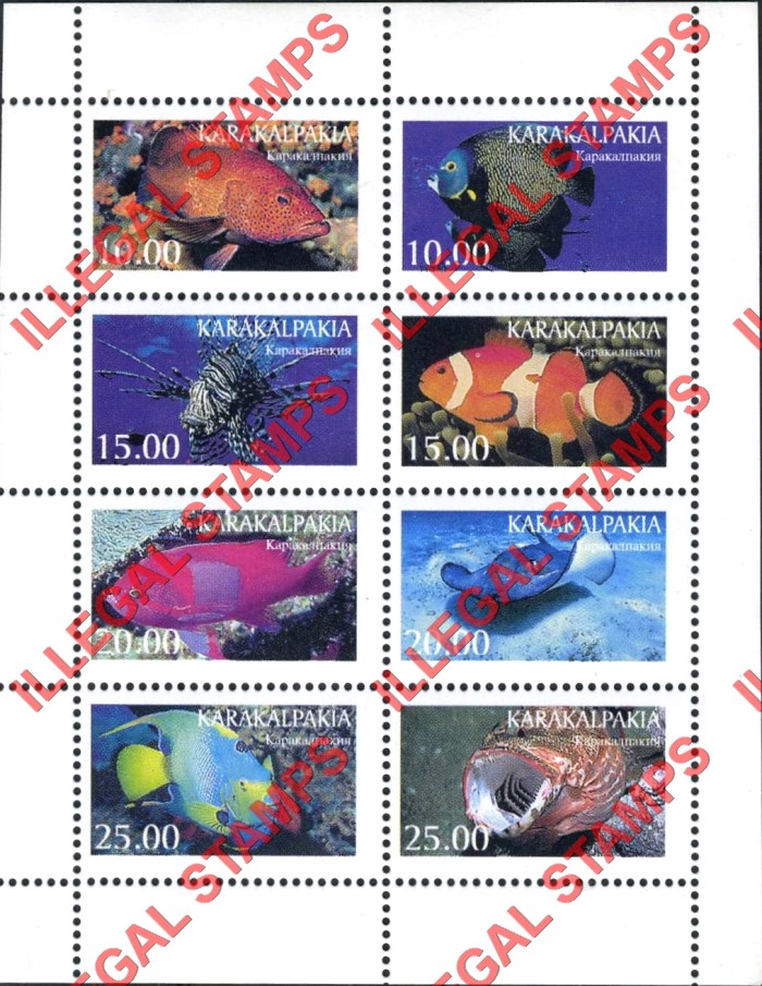 KARAKALPAKIA 1997 Fish Counterfeit Illegal Stamp Souvenir Sheet of 8 KARAKALPAKIA 1997 Fish Counterfeit Illegal Stamp Souvenir Sheet of 8