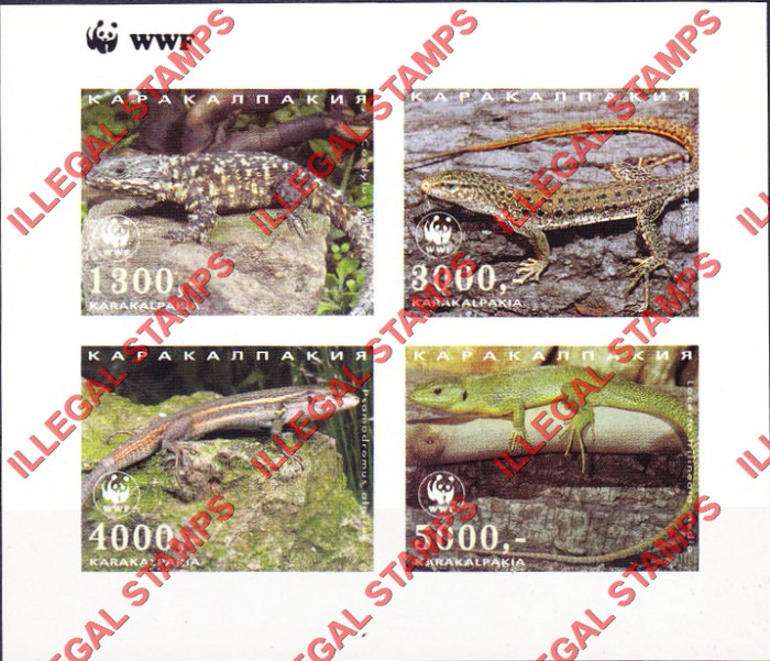 KARAKALPAKIA 1997 Reptiles Lizards with WWF Logo Counterfeit Illegal Stamp Souvenir Sheet of 4 KARAKALPAKIA 1997 Reptiles Lizards with WWF Logo Counterfeit Illegal Stamp Souvenir Sheet of 4