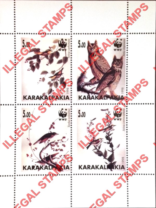 KARAKALPAKIA 1998 Birds and Owls with WWF Logo Counterfeit Illegal Stamp Souvenir Sheet of 4 KARAKALPAKIA 1998 Birds and Owls with WWF Logo Counterfeit Illegal Stamp Souvenir Sheet of 4