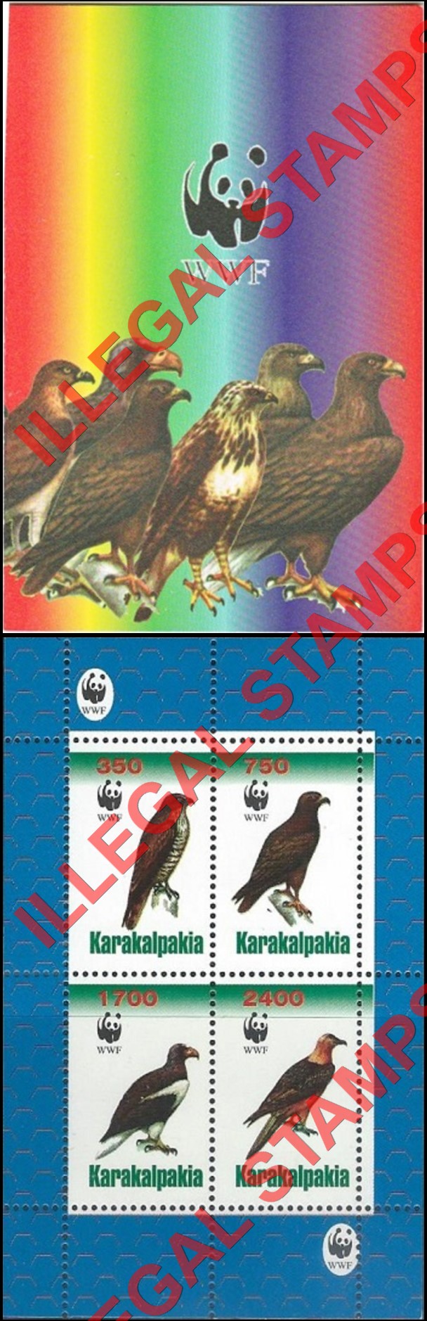 KARAKALPAKIA 1998 Birds of Prey with WWF Logo Counterfeit Illegal Stamp Souvenir Sheet of 4 Booklet KARAKALPAKIA 1998 Birds of Prey with WWF Logo Counterfeit Illegal Stamp Souvenir Sheet of 4 Booklet