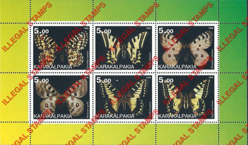 KARAKALPAKIA 1998 Butterflies Counterfeit Illegal Stamp Souvenir Sheet of 6 KARAKALPAKIA 1998 Butterflies Counterfeit Illegal Stamp Souvenir Sheet of 6