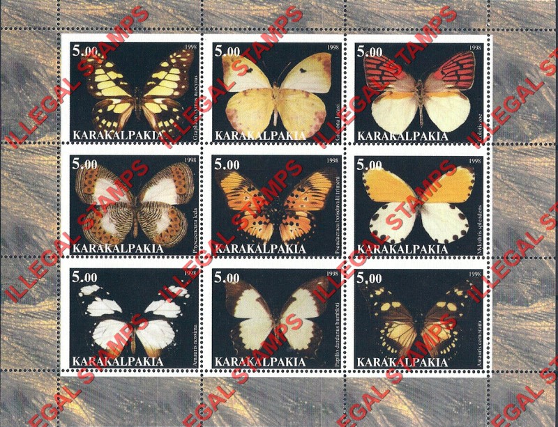 KARAKALPAKIA 1998 Butterflies Counterfeit Illegal Stamp Souvenir Sheet of 9 (Sheet 1) KARAKALPAKIA 1998 Butterflies Counterfeit Illegal Stamp Souvenir Sheet of 9 (Sheet 1)