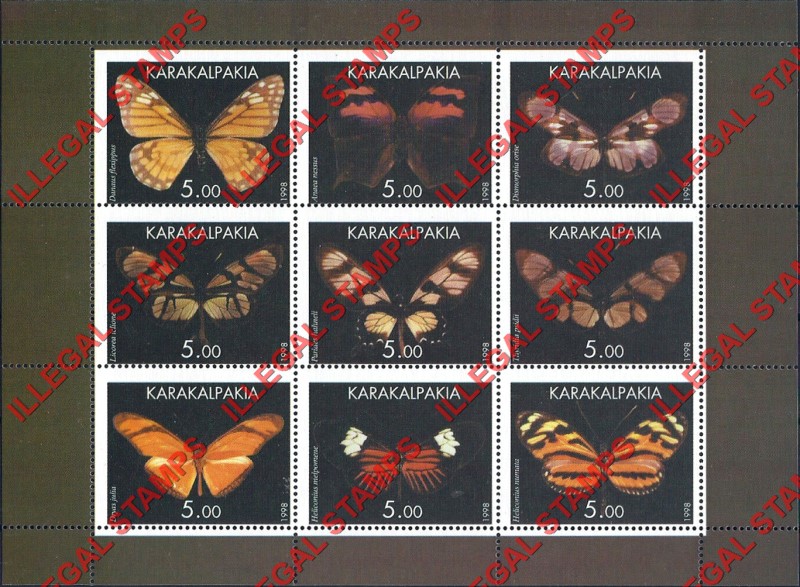 KARAKALPAKIA 1998 Butterflies Counterfeit Illegal Stamp Souvenir Sheet of 9 (Sheet 2) KARAKALPAKIA 1998 Butterflies Counterfeit Illegal Stamp Souvenir Sheet of 9 (Sheet 2)