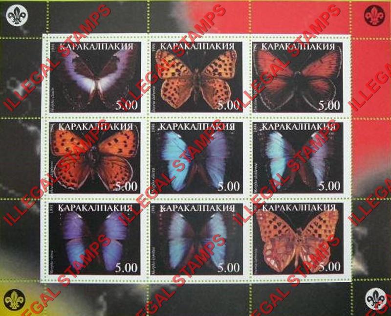 KARAKALPAKIA 1998 Butterflies Counterfeit Illegal Stamp Souvenir Sheet of 9 (Sheet 3) KARAKALPAKIA 1998 Butterflies Counterfeit Illegal Stamp Souvenir Sheet of 9 (Sheet 3)