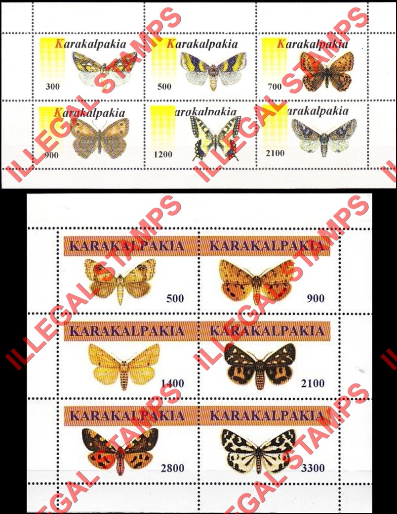 KARAKALPAKIA 1998 Butterflies Counterfeit Illegal Stamp Souvenir Sheets of 6 KARAKALPAKIA 1998 Butterflies Counterfeit Illegal Stamp Souvenir Sheets of 6