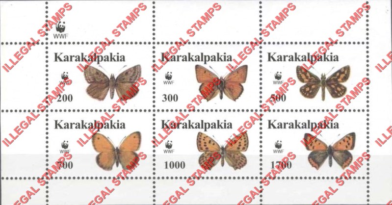 KARAKALPAKIA 1998 Butterflies with WWF Logo Counterfeit Illegal Stamp Souvenir Sheet of 6 KARAKALPAKIA 1998 Butterflies with WWF Logo Counterfeit Illegal Stamp Souvenir Sheet of 6