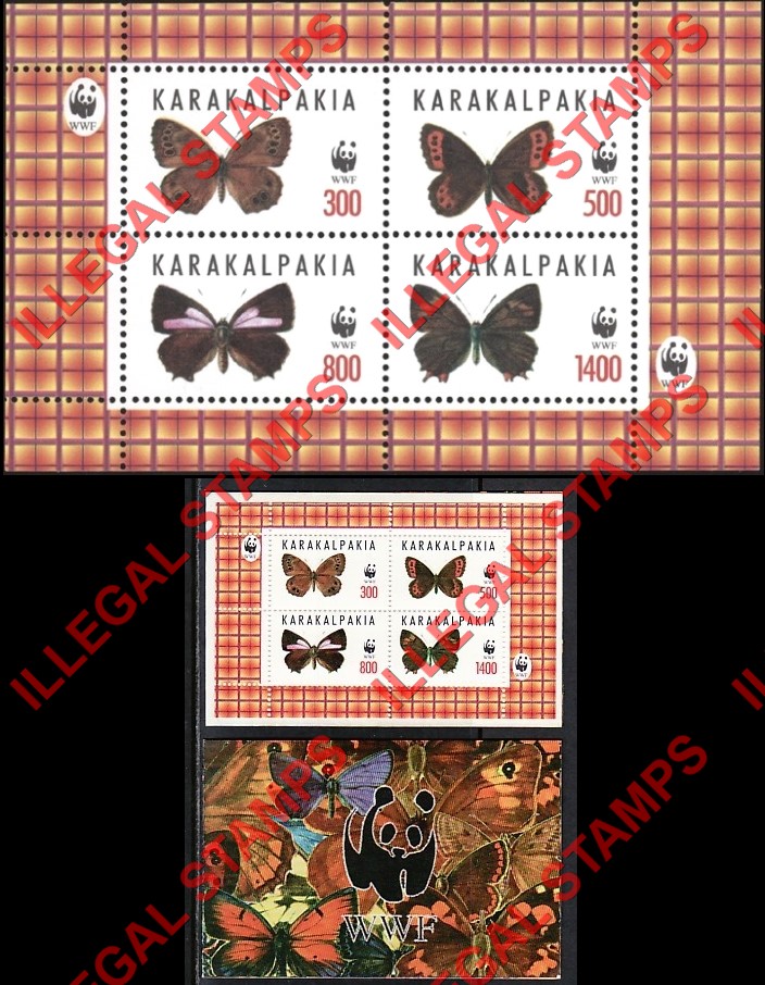 KARAKALPAKIA 1998 Butterflies with WWF Logo Counterfeit Illegal Stamp Souvenir Sheet of 4 Booklet KARAKALPAKIA 1998 Butterflies with WWF Logo Counterfeit Illegal Stamp Souvenir Sheet of 4 Booklet