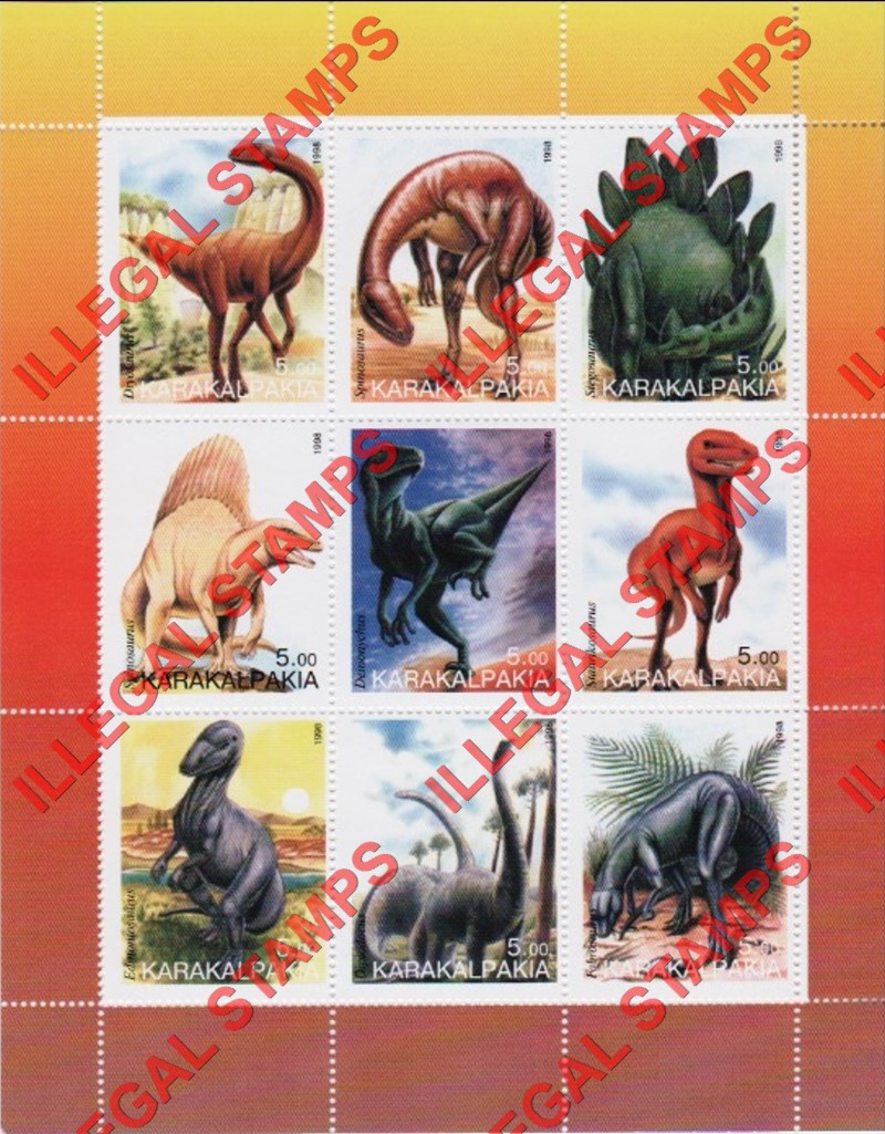KARAKALPAKIA 1998 Dinosaurs Counterfeit Illegal Stamp Souvenir Sheet of 9 KARAKALPAKIA 1998 Dinosaurs Counterfeit Illegal Stamp Souvenir Sheet of 9