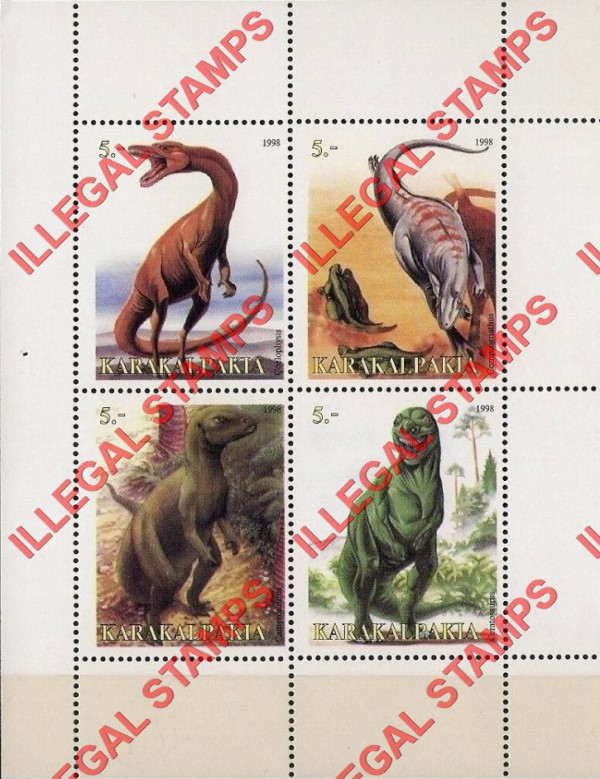 KARAKALPAKIA 1998 Dinosaurs Counterfeit Illegal Stamp Souvenir Sheet of 4 KARAKALPAKIA 1998 Dinosaurs Counterfeit Illegal Stamp Souvenir Sheet of 4