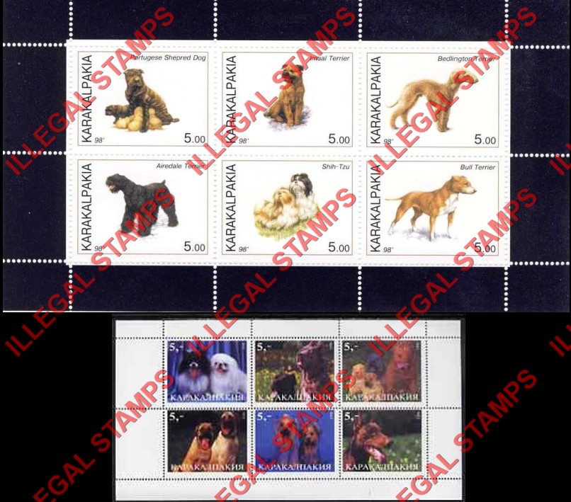KARAKALPAKIA 1998 Dogs Counterfeit Illegal Stamp Souvenir Sheets of 6 KARAKALPAKIA 1998 Dogs Counterfeit Illegal Stamp Souvenir Sheets of 6