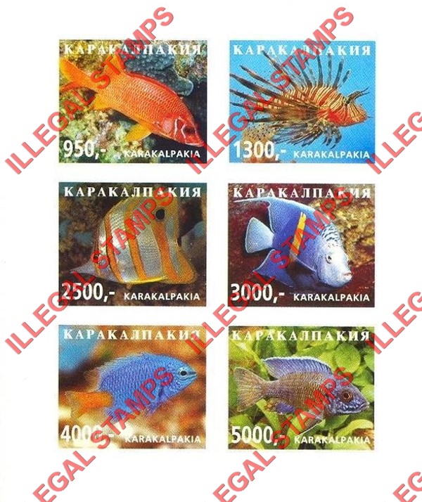KARAKALPAKIA 1998 Fish Counterfeit Illegal Stamp Souvenir Sheet of 6 KARAKALPAKIA 1998 Fish Counterfeit Illegal Stamp Souvenir Sheet of 6
