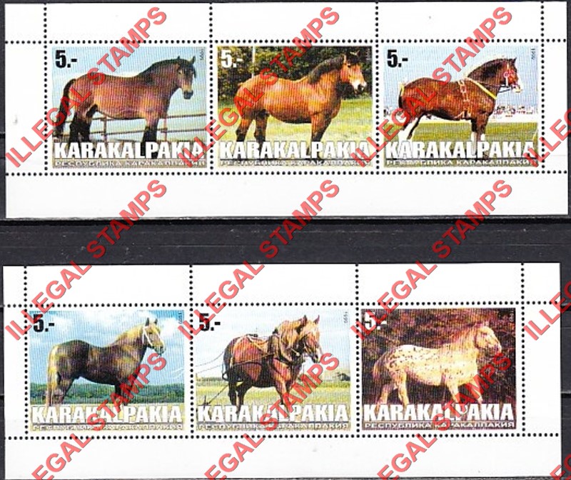 KARAKALPAKIA 1998 Horses Counterfeit Illegal Stamp Souvenir Sheets of 3 KARAKALPAKIA 1998 Horses Counterfeit Illegal Stamp Souvenir Sheets of 3