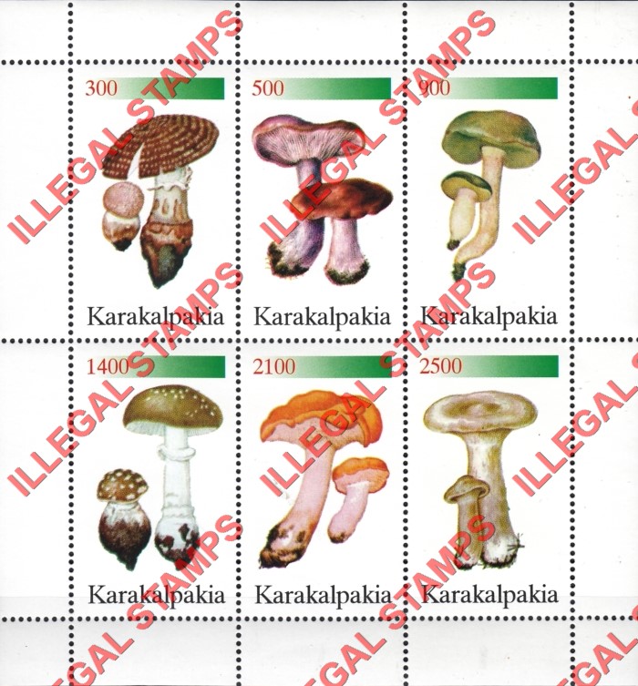 KARAKALPAKIA 1998 Mushrooms Counterfeit Illegal Stamp Souvenir Sheet of 6 KARAKALPAKIA 1998 Mushrooms Counterfeit Illegal Stamp Souvenir Sheet of 6