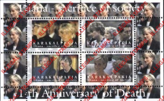 KARAKALPAKIA 1998 Princess Diana Counterfeit Illegal Stamp Souvenir Sheet of 4 KARAKALPAKIA 1998 Princess Diana Counterfeit Illegal Stamp Souvenir Sheet of 4