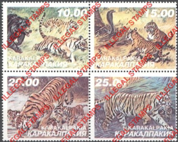 KARAKALPAKIA 1998 Tigers Counterfeit Illegal Stamp Set of 4 KARAKALPAKIA 1998 Tigers Counterfeit Illegal Stamp Set of 4