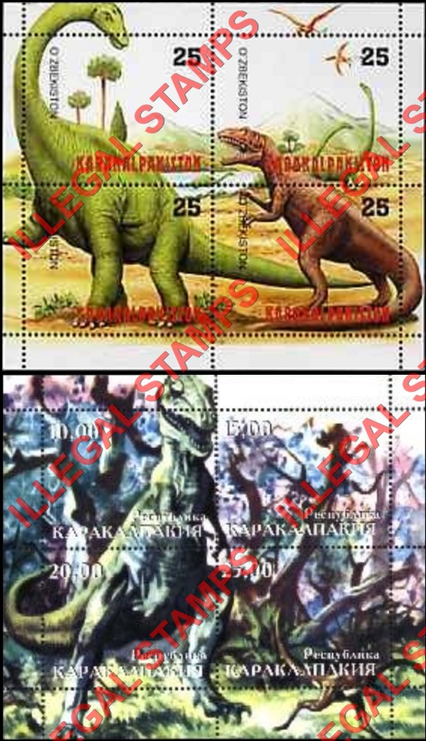 KARAKALPAKIA 1999 Dinosaurs Counterfeit Illegal Stamp Souvenir Sheets of 4 KARAKALPAKIA 1999 Dinosaurs Counterfeit Illegal Stamp Souvenir Sheets of 4
