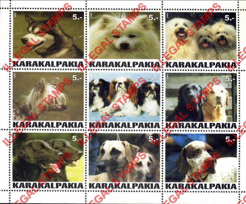 KARAKALPAKIA 1999 Dogs Counterfeit Illegal Stamp Souvenir Sheet of 9 KARAKALPAKIA 1999 Dogs Counterfeit Illegal Stamp Souvenir Sheet of 9