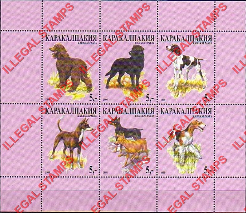KARAKALPAKIA 1999 Dogs Counterfeit Illegal Stamp Souvenir Sheet of 6 (Sheet 1) KARAKALPAKIA 1999 Dogs Counterfeit Illegal Stamp Souvenir Sheet of 6 (Sheet 1)