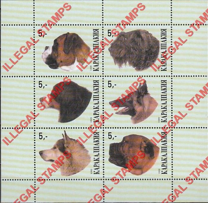 KARAKALPAKIA 1999 Dogs Counterfeit Illegal Stamp Souvenir Sheet of 6 (Sheet 3) KARAKALPAKIA 1999 Dogs Counterfeit Illegal Stamp Souvenir Sheet of 6 (Sheet 3)