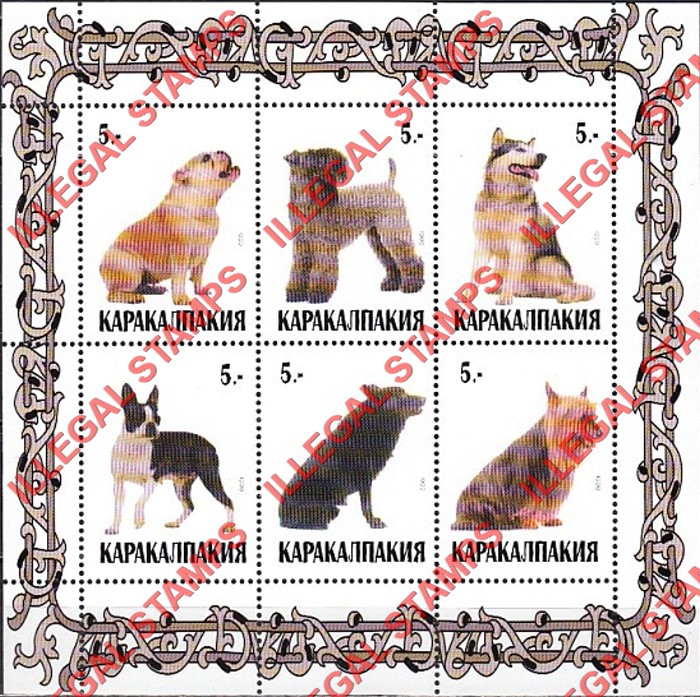 KARAKALPAKIA 1999 Dogs Counterfeit Illegal Stamp Souvenir Sheet of 6 (Sheet 4) KARAKALPAKIA 1999 Dogs Counterfeit Illegal Stamp Souvenir Sheet of 6 (Sheet 4)