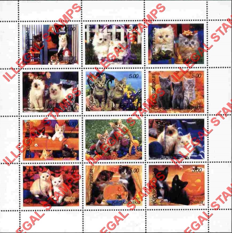 KARAKALPAKIA 2000 Cats Kittens Counterfeit Illegal Stamp Souvenir Sheet of 12 KARAKALPAKIA 2000 Cats Kittens Counterfeit Illegal Stamp Souvenir Sheet of 12