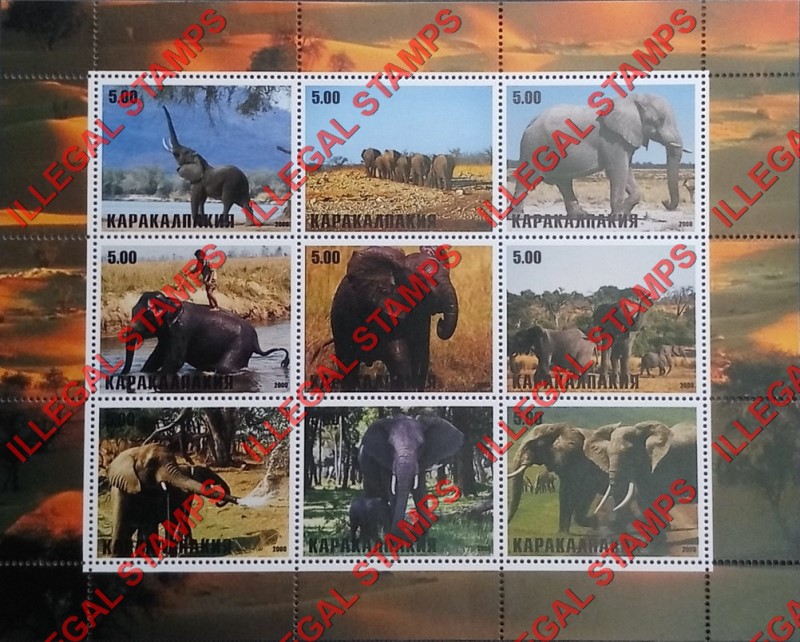 KARAKALPAKIA 2000 Elephants Counterfeit Illegal Stamp Souvenir Sheet of 9 KARAKALPAKIA 2000 Elephants Counterfeit Illegal Stamp Souvenir Sheet of 9