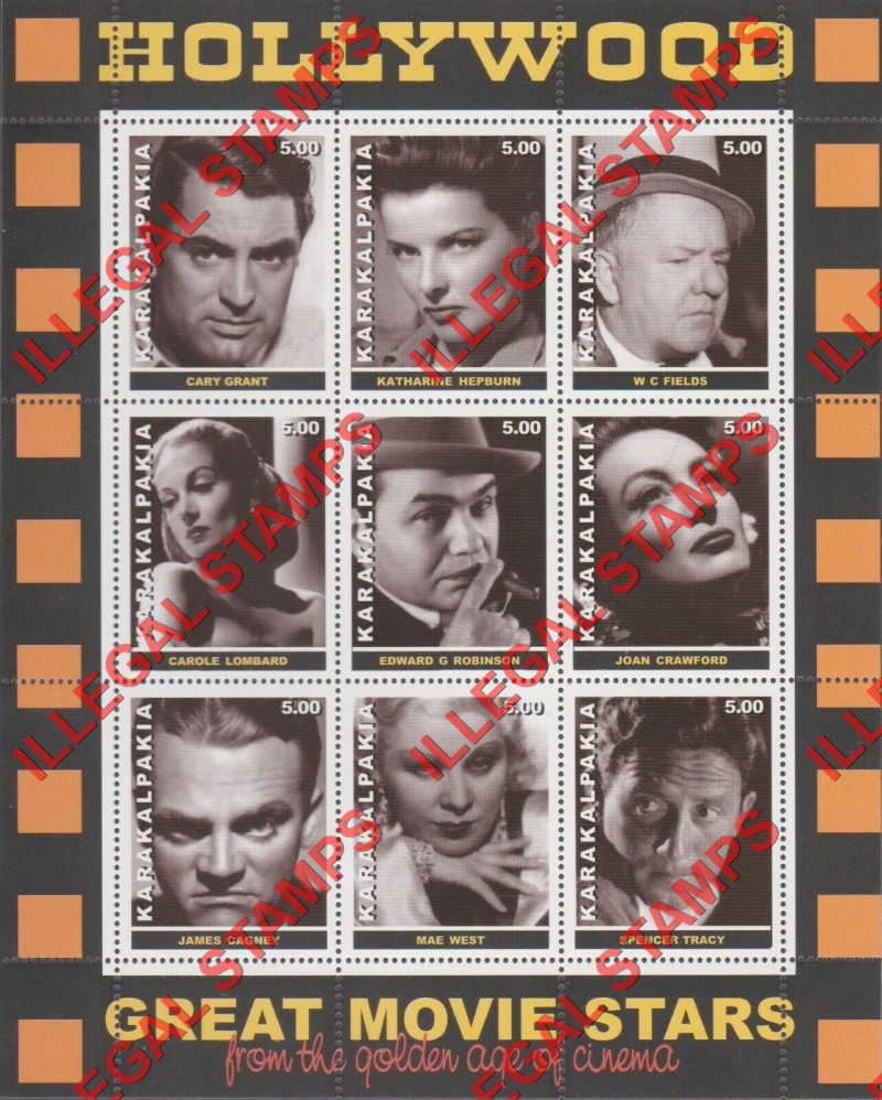 KARAKALPAKIA 2000 Hollywood Movie Stars Counterfeit Illegal Stamp Souvenir Sheet of 9 KARAKALPAKIA 2000 Hollywood Movie Stars Counterfeit Illegal Stamp Souvenir Sheet of 9