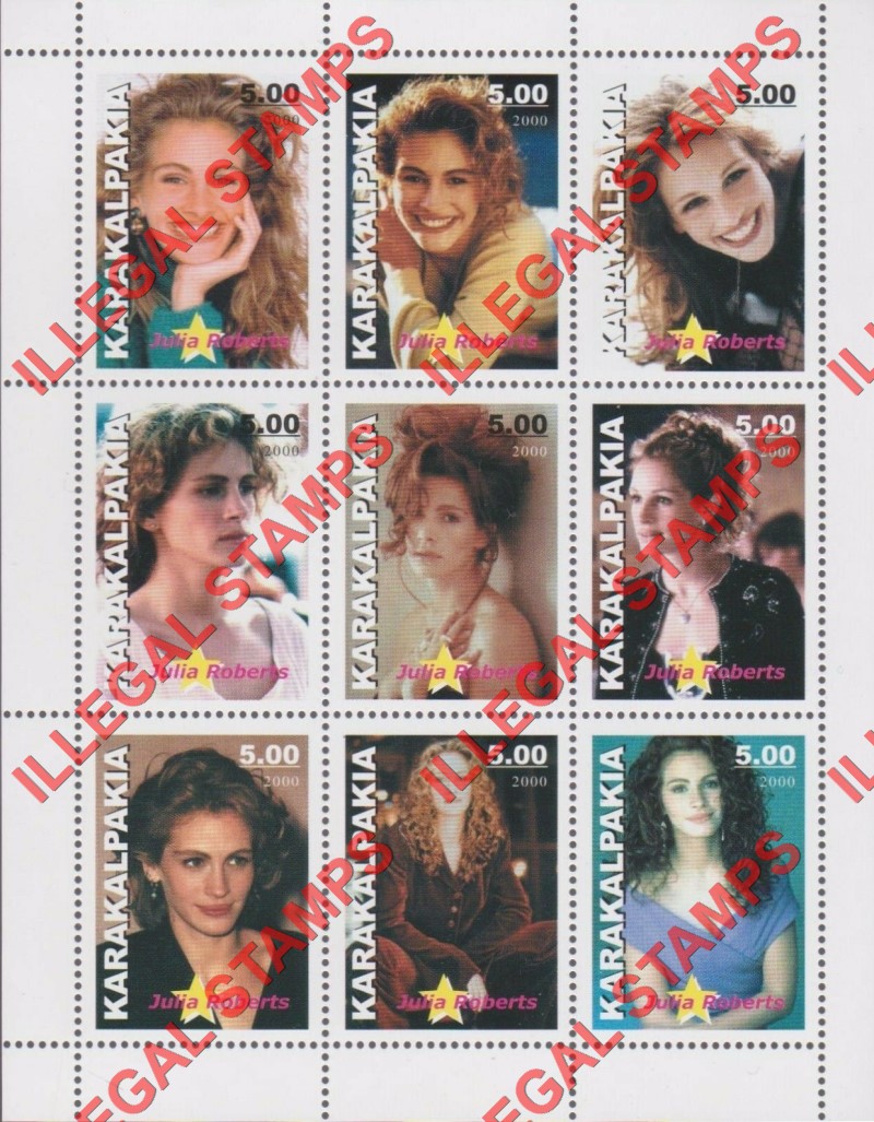 KARAKALPAKIA 2000 Julia Roberts Counterfeit Illegal Stamp Souvenir Sheet of 9 KARAKALPAKIA 2000 Julia Roberts Counterfeit Illegal Stamp Souvenir Sheet of 9