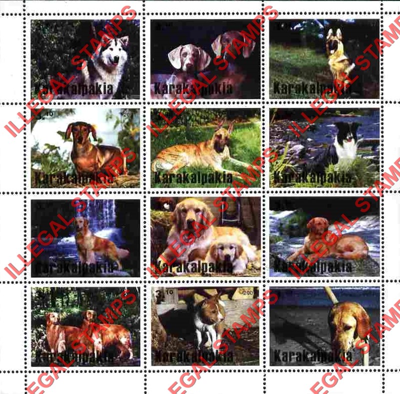 KARAKALPAKIA 2001 Dogs Counterfeit Illegal Stamp Souvenir Sheet of 12 KARAKALPAKIA 2001 Dogs Counterfeit Illegal Stamp Souvenir Sheet of 12