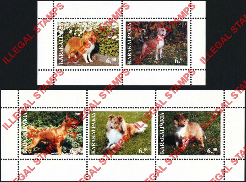 KARAKALPAKIA 2001 Dogs Counterfeit Illegal Stamp Souvenir Sheets of 3 and 2 KARAKALPAKIA 2001 Dogs Counterfeit Illegal Stamp Souvenir Sheets of 3 and 2