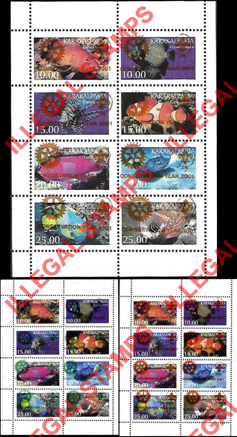 KARAKALPAKIA 2001 the 1997 Fish Counterfeit Illegal Stamp Souvenir Sheets of 8 Overprinted for Conservation Year with Rotary and Scouts Logo's KARAKALPAKIA 2001 the 1997 Fish Counterfeit Illegal Stamp Souvenir Sheets of 8 Overprinted for Conservation Year with Rotary and Scouts Logo's
