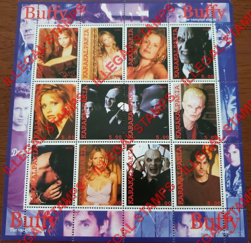 KARAKALPAKIA 2002 Buffy the Vampire Slayer Counterfeit Illegal Stamp Souvenir Sheet of 12 (Sheet 1) KARAKALPAKIA 2002 Buffy the Vampire Slayer Counterfeit Illegal Stamp Souvenir Sheet of 12 (Sheet 1)