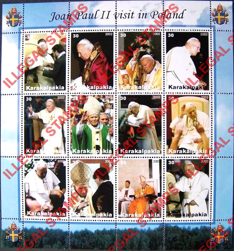 KARAKALPAKIA 2002 Pope John Paul II Visit in Poland Counterfeit Illegal Stamp Souvenir Sheet of 12 KARAKALPAKIA 2002 Pope John Paul II Visit in Poland Counterfeit Illegal Stamp Souvenir Sheet of 12