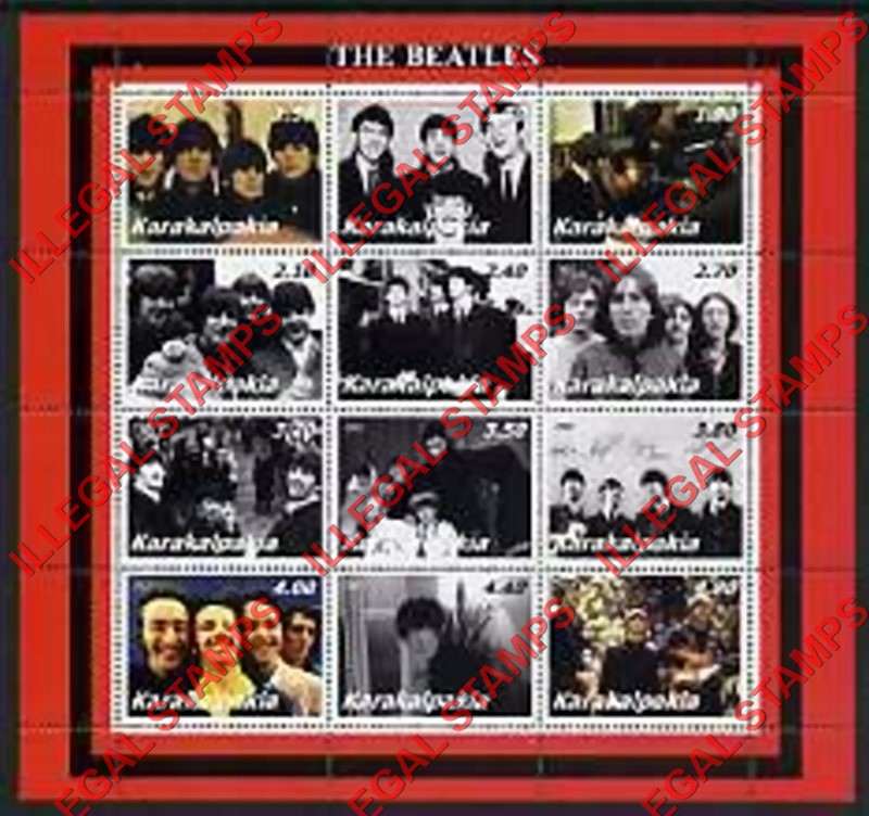 KARAKALPAKIA 2002 The Beatles Counterfeit Illegal Stamp Souvenir Sheet of 12 KARAKALPAKIA 2002 The Beatles Counterfeit Illegal Stamp Souvenir Sheet of 12