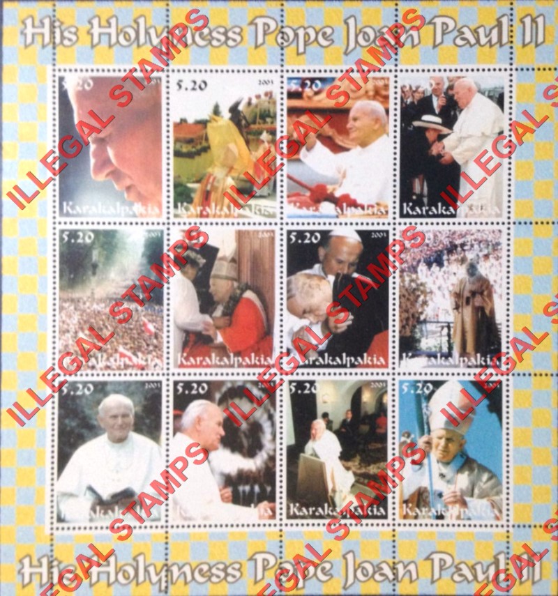 KARAKALPAKIA 2003 His Holiness Pope John Paul II Counterfeit Illegal Stamp Souvenir Sheet of 12 (Sheet 1) KARAKALPAKIA 2003 His Holiness Pope John Paul II Counterfeit Illegal Stamp Souvenir Sheet of 12 (Sheet 1)